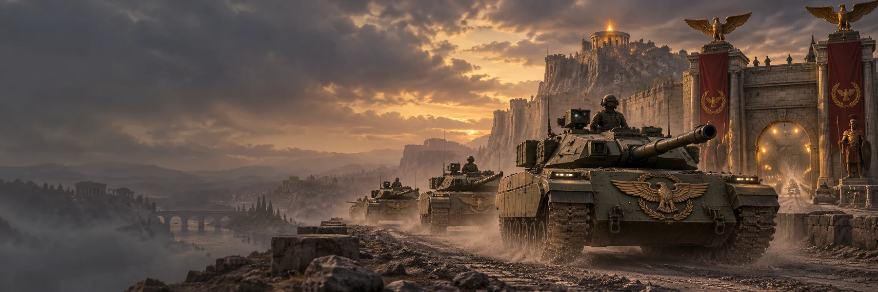 An armored convoy crosses a stone causeway at dusk.