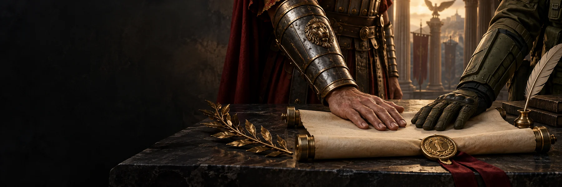 An armored soldier places a hand on an oath scroll.
